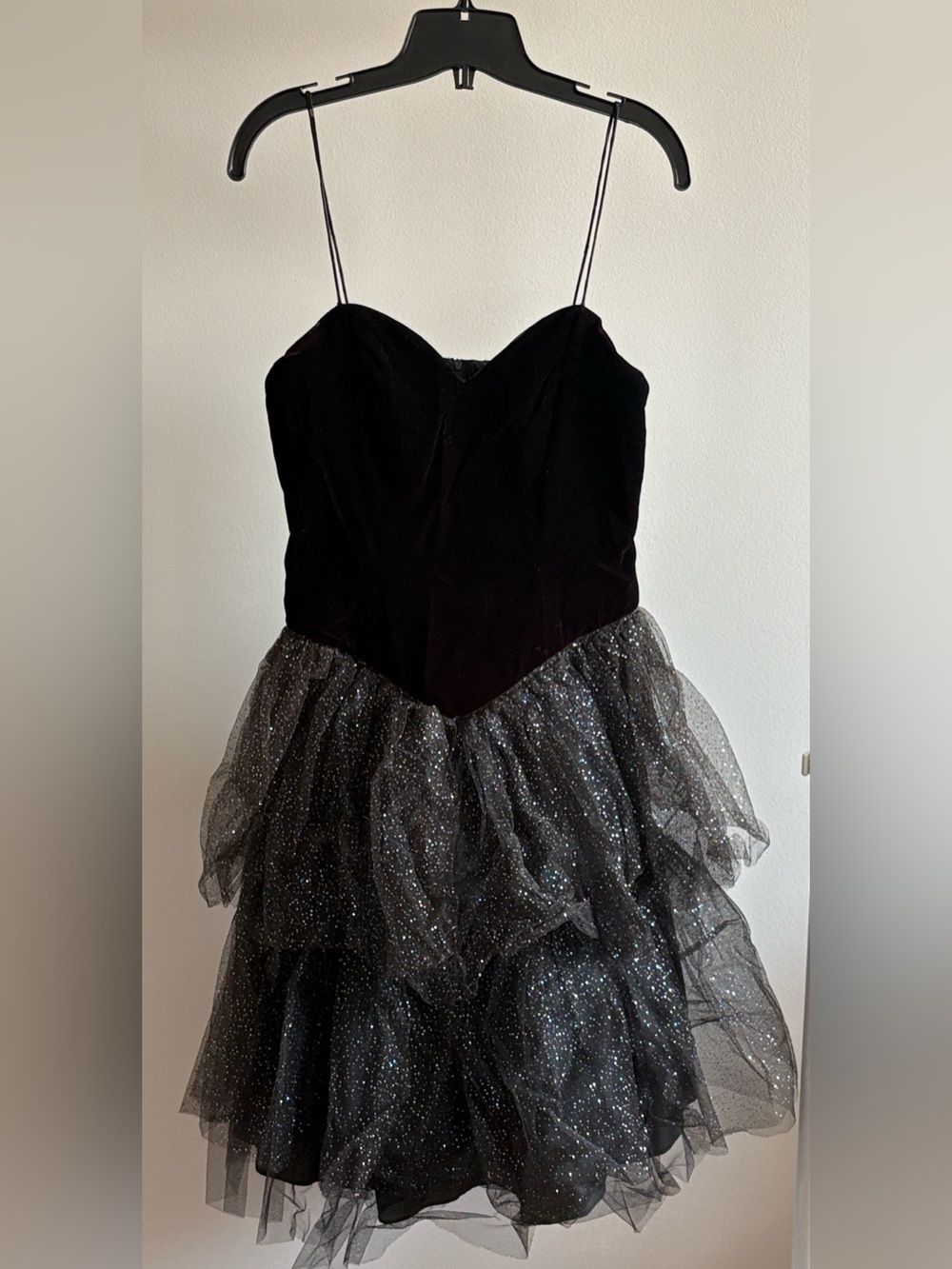 🎃 Vintage 80s Black Glitter Tulle Tiered Dress with Deep Purple Velvet Bodice